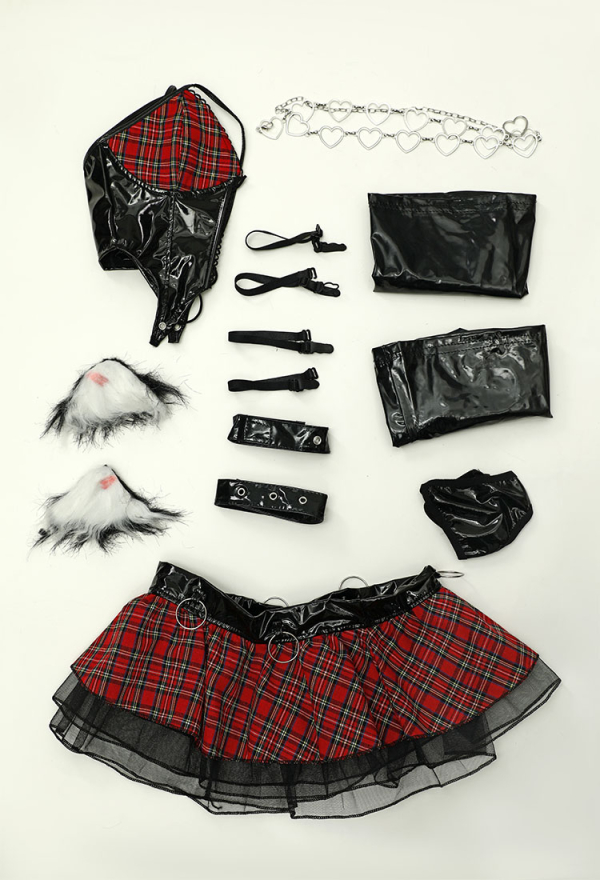 Gothic Little Devil Lingerie Set Black Red Plaid Hollow Out Deep V Top and Skirt with Stockings