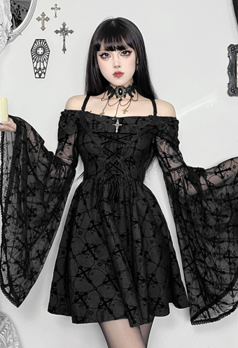 Gothic Black Flared Sleeve Off Shoulder Dress Dark Style Cross Pattern Spaghetti Straps Dress