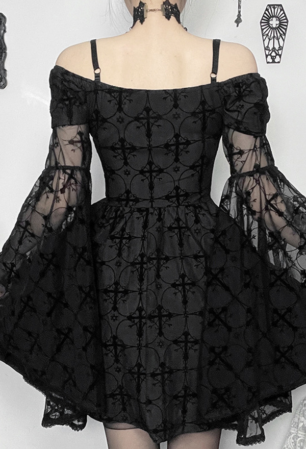 Gothic Black Flared Sleeve Off Shoulder Dress Dark Style Cross Pattern Spaghetti Straps Dress