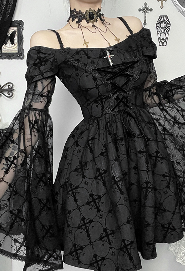 Gothic Black Flared Sleeve Off Shoulder Dress Dark Style Cross Pattern Spaghetti Straps Dress