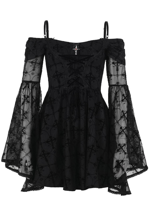 Gothic Black Flared Sleeve Off Shoulder Dress Dark Style Cross Pattern Spaghetti Straps Dress