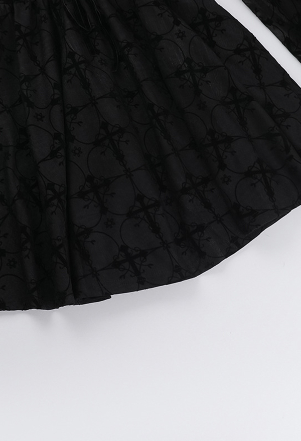 Gothic Black Flared Sleeve Off Shoulder Dress Dark Style Cross Pattern Spaghetti Straps Dress