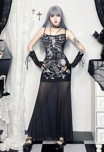 Halloween Gothic Black Skull Skeleton Pattern Slim Spaghetti Straps Dress