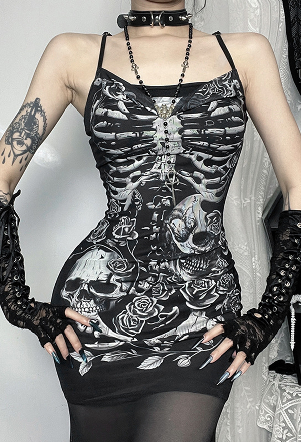 Halloween Gothic Black Skull Skeleton Pattern Slim Spaghetti Straps Dress