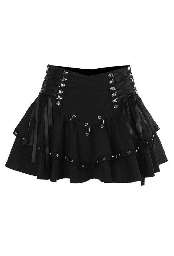 Gothic Black Ruffle Mini Skirt Metal Buckle Embellished Cross Strap Skirt