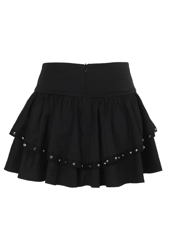 Gothic Black Ruffle Mini Skirt Metal Buckle Embellished Cross Strap Skirt