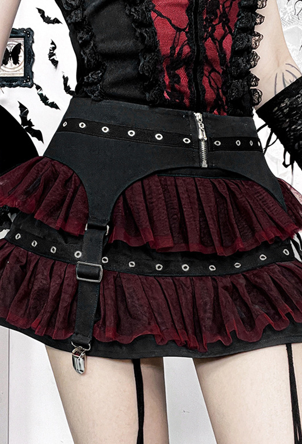 Gothic Double-layer Skirt Black Red Mesh Ballet Skirt