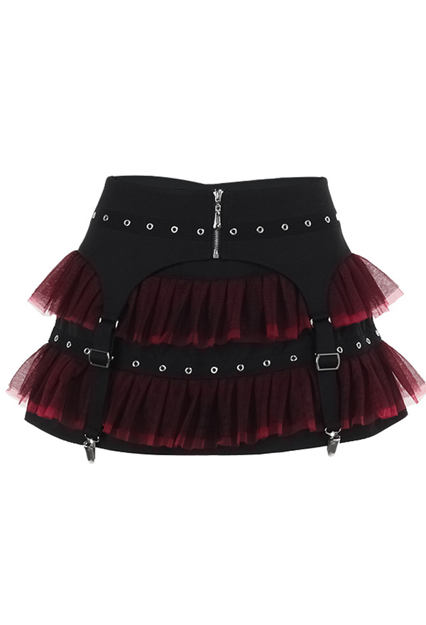 Gothic Double-layer Skirt Black Red Mesh Ballet Skirt