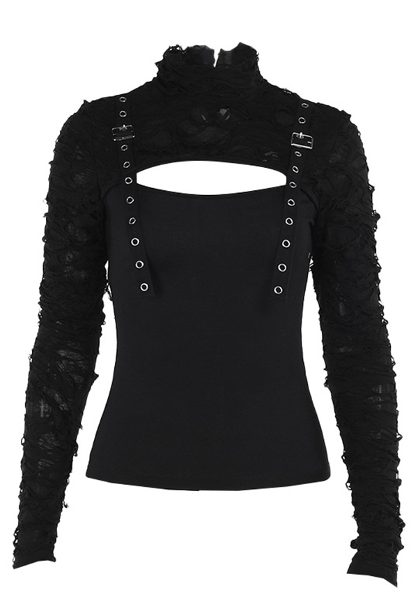 Gothic Black Cutout Ripped Long Sleeve Top