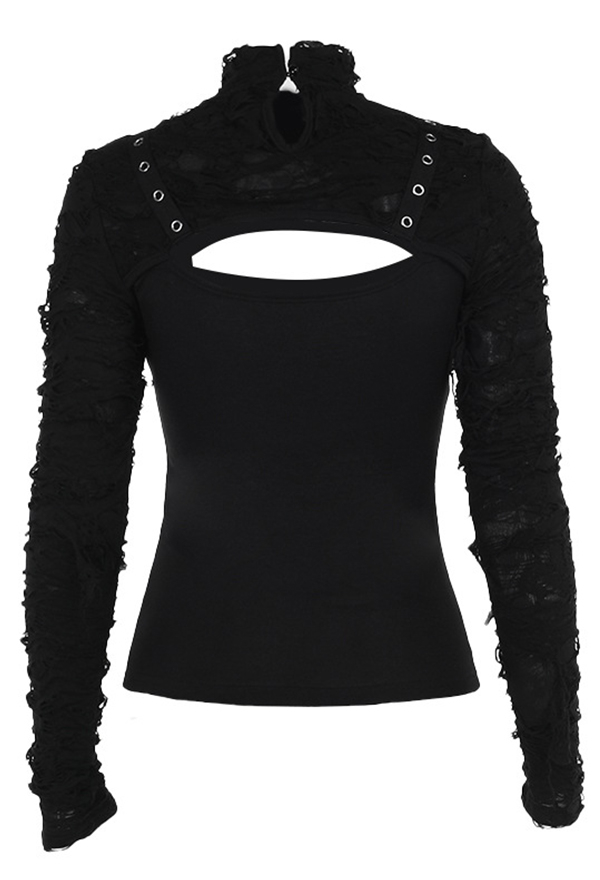 Gothic Black Cutout Ripped Long Sleeve Top