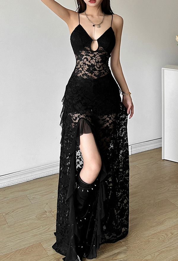 Gothic Black V-Neck High Split Spaghetti Straps Dress Dark Sheer Jacquard Cami Dress