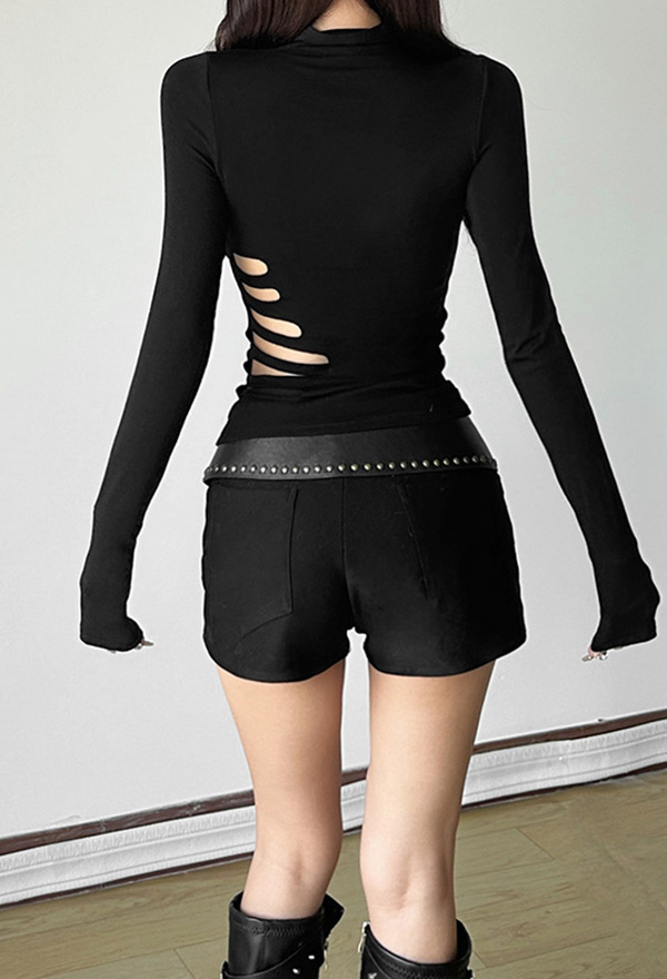 Gothic Black Cutout Half Turtleneck Long Sleeve Top