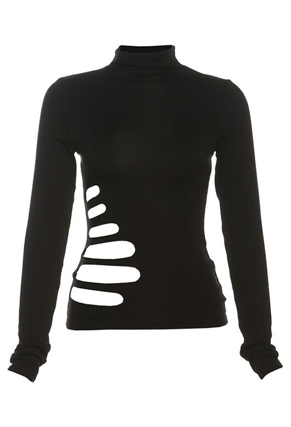 Gothic Black Cutout Half Turtleneck Long Sleeve Top