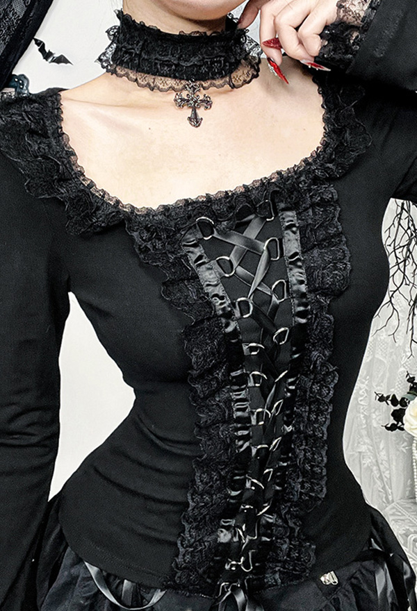 Gothic Black Cross Straps Lace Ruffle Long Sleeve Top with Choker