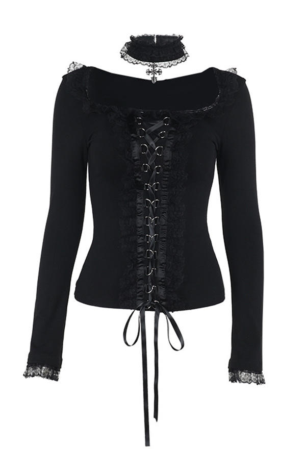 Gothic Black Cross Straps Lace Ruffle Long Sleeve Top with Choker