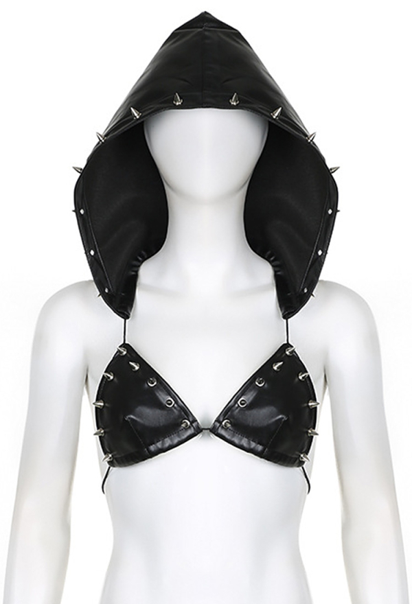 Dark Gothic Triangle Cup Hooded Top Sexy Black Punk Rivet Leather Backless Strappy Bralette