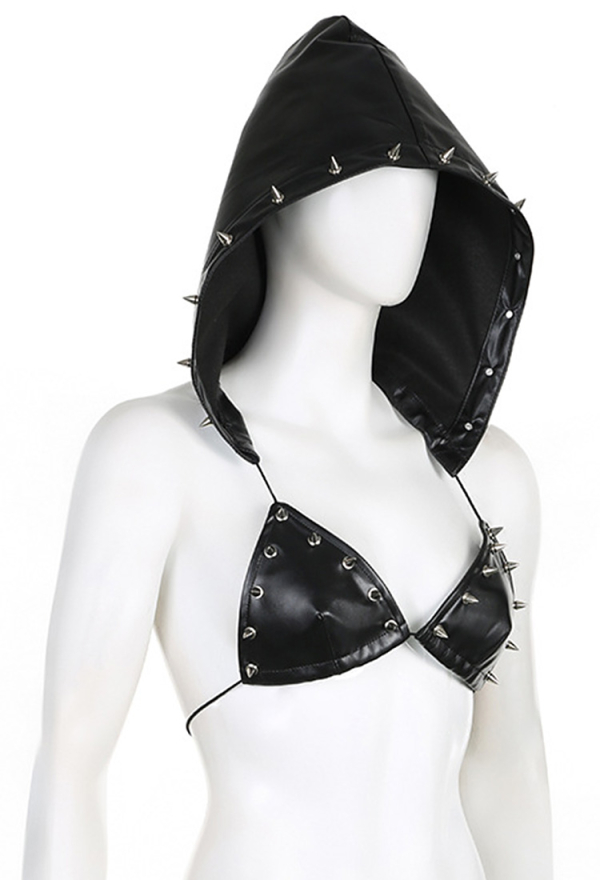 Dark Gothic Triangle Cup Hooded Top Sexy Black Punk Rivet Leather Backless Strappy Bralette