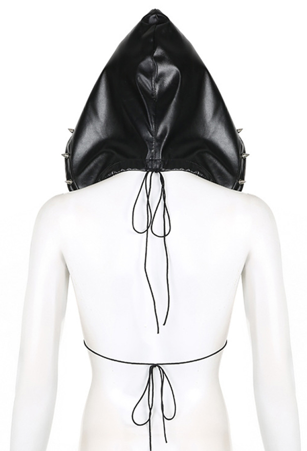 Dark Gothic Triangle Cup Hooded Top Sexy Black Punk Rivet Leather Backless Strappy Bralette