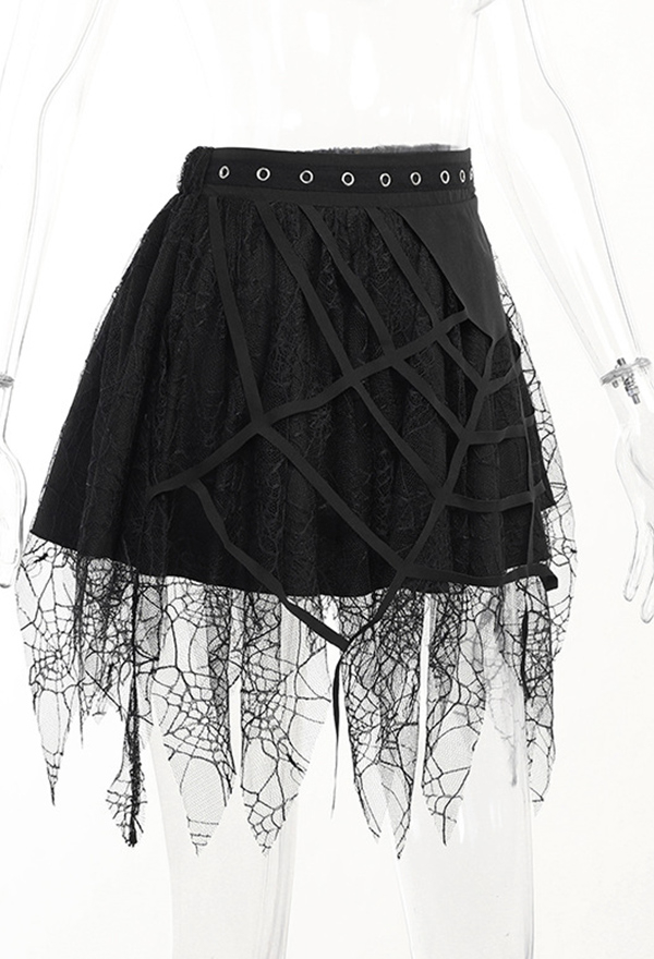 Goth Punk Half Skirt Black Lace Irregular Spider Web Mini Skirt