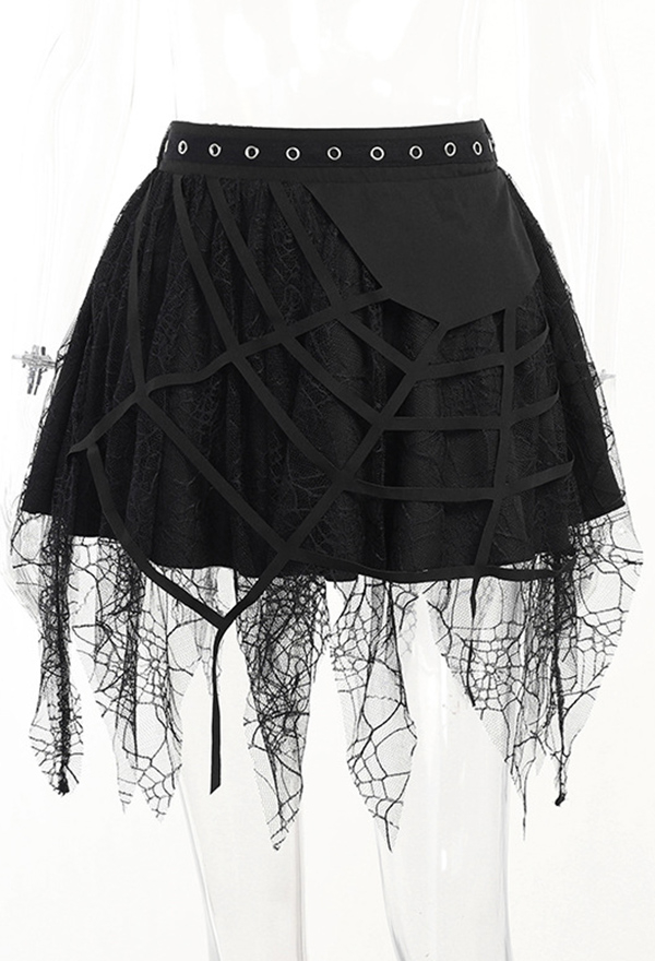 Goth Punk Half Skirt Black Lace Irregular Spider Web Mini Skirt