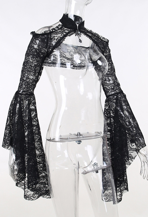 Gothic Style Black Cover-Up Coat Bell Sleeves Lace Shawl Short Hollow Top