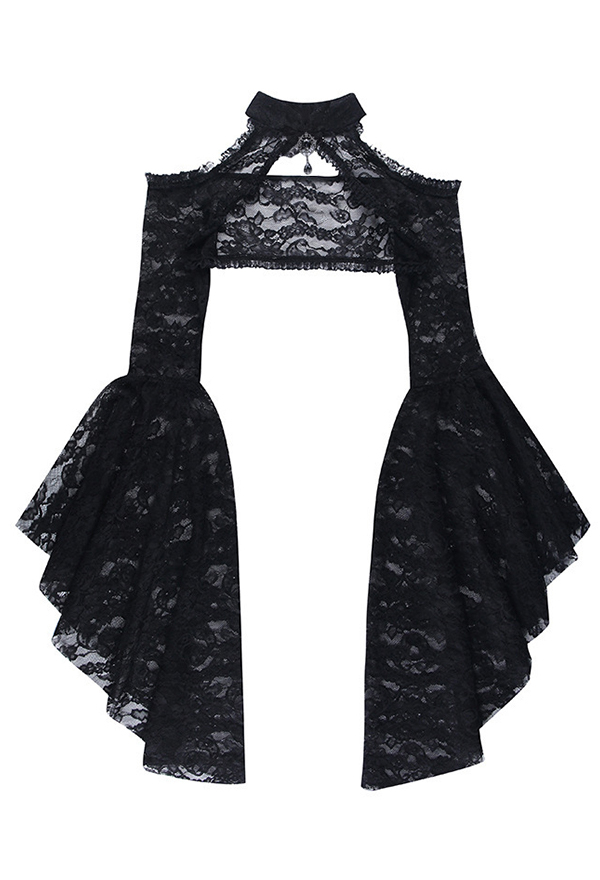 Gothic Style Black Cover-Up Coat Bell Sleeves Lace Shawl Short Hollow Top