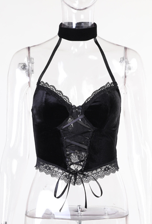 Gothic Style Camisole Top Black Lace Trim Velvet Halter Crop Top