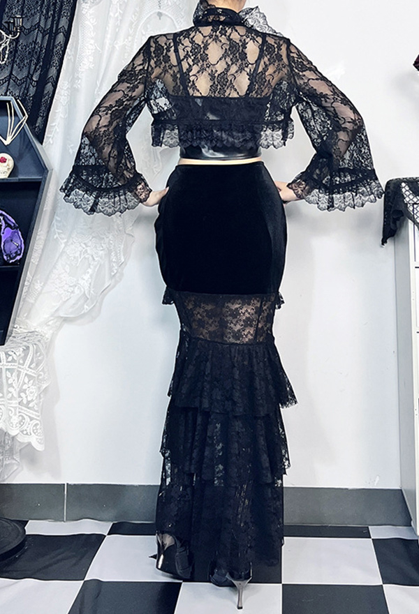 Dark Gothic Style Skirt Pleats Fishtail Multi-Layered Lace Slit Ruffles Skirt