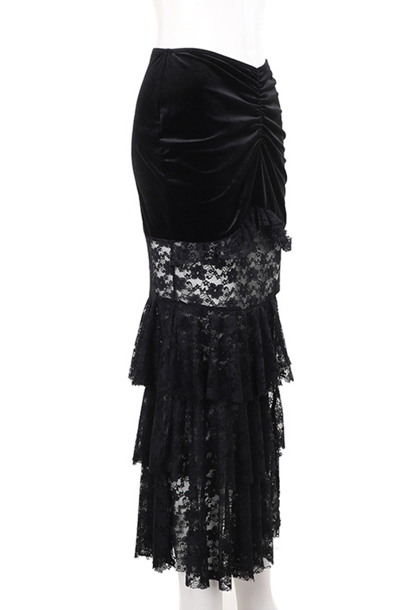 Dark Gothic Style Skirt Pleats Fishtail Multi-Layered Lace Slit Ruffles Skirt