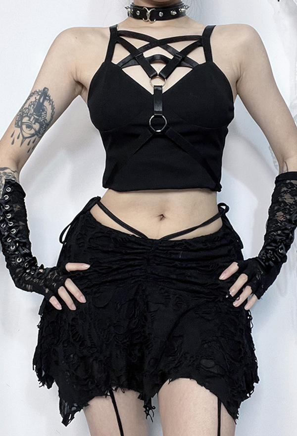 Gothic Style Drawstring Half Skirt Hole Ripped Irregular Short Skirt