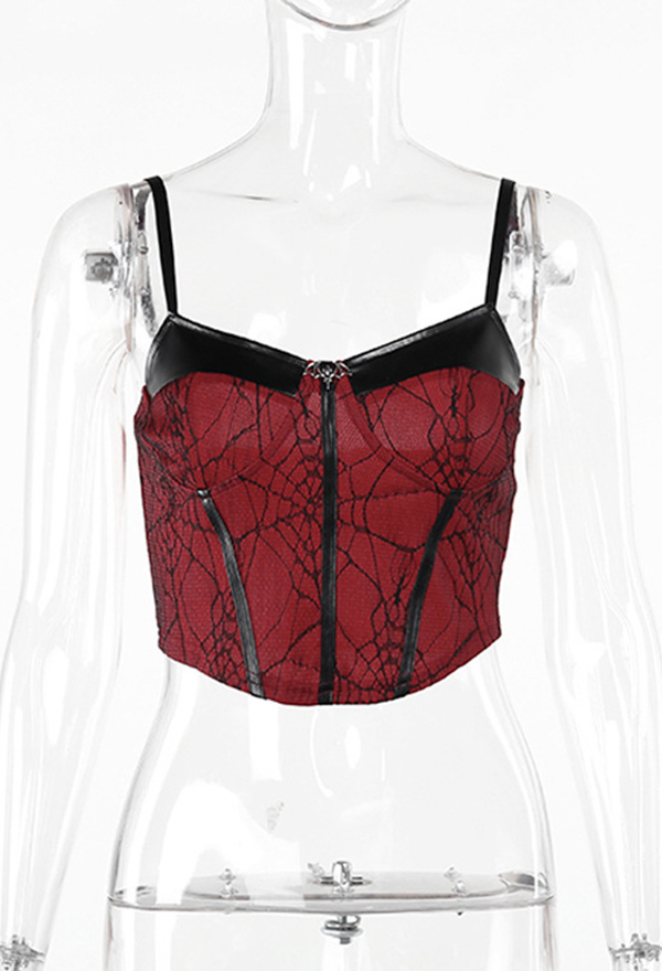 Gothic Style Sexy Tank Top Red Black Leather Patchwork Camisole Top