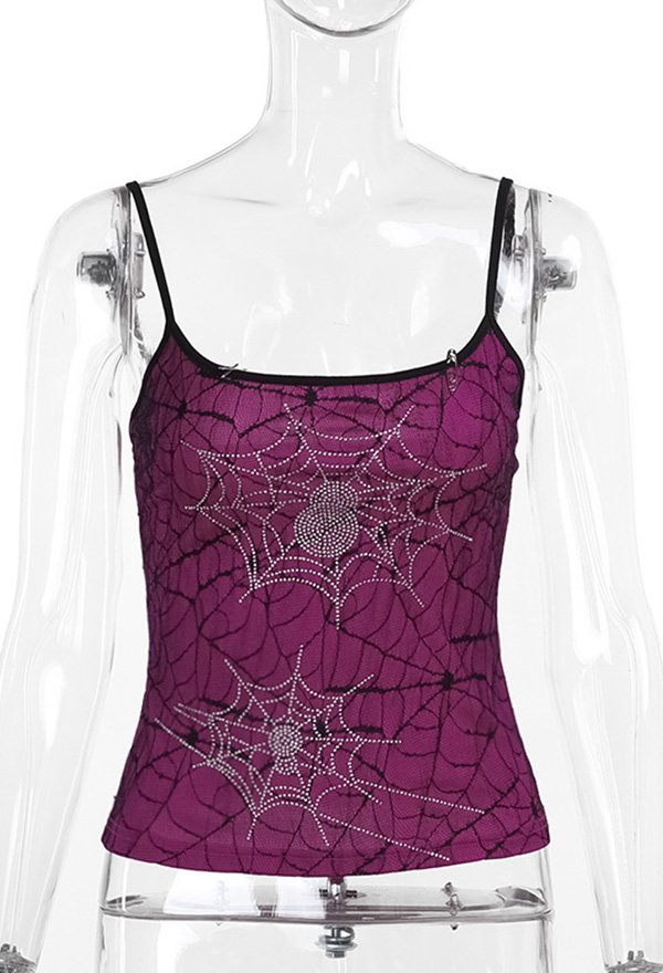 Gothic Style Spaghetti Strap Top Spider Web Pattern Purple Elastic Tank Top