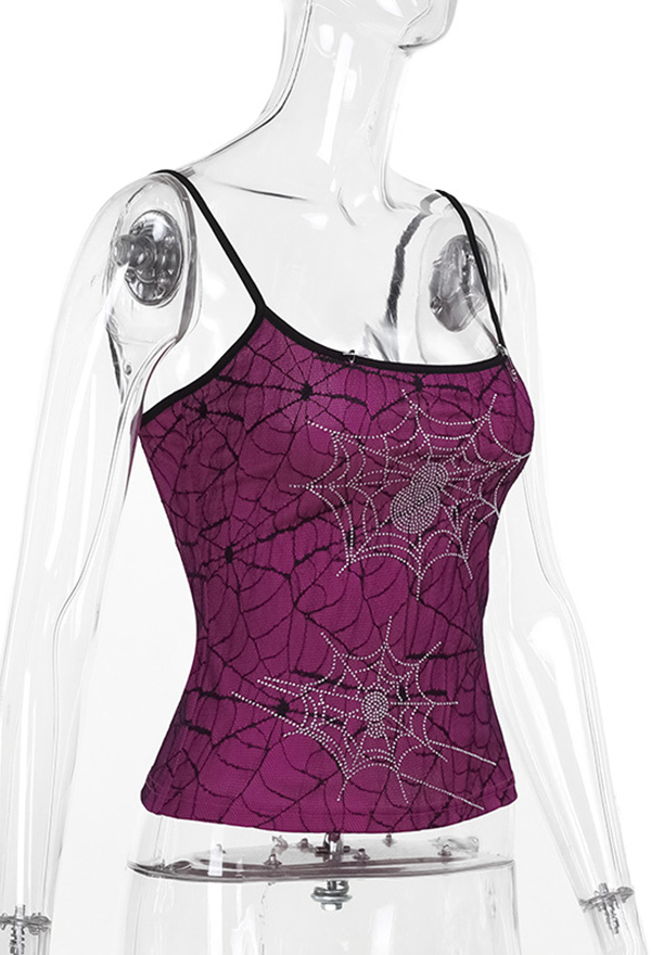 Gothic Style Spaghetti Strap Top Spider Web Pattern Purple Elastic Tank Top