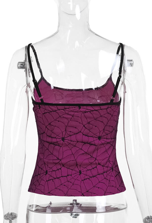 Gothic Style Spaghetti Strap Top Spider Web Pattern Purple Elastic Tank Top