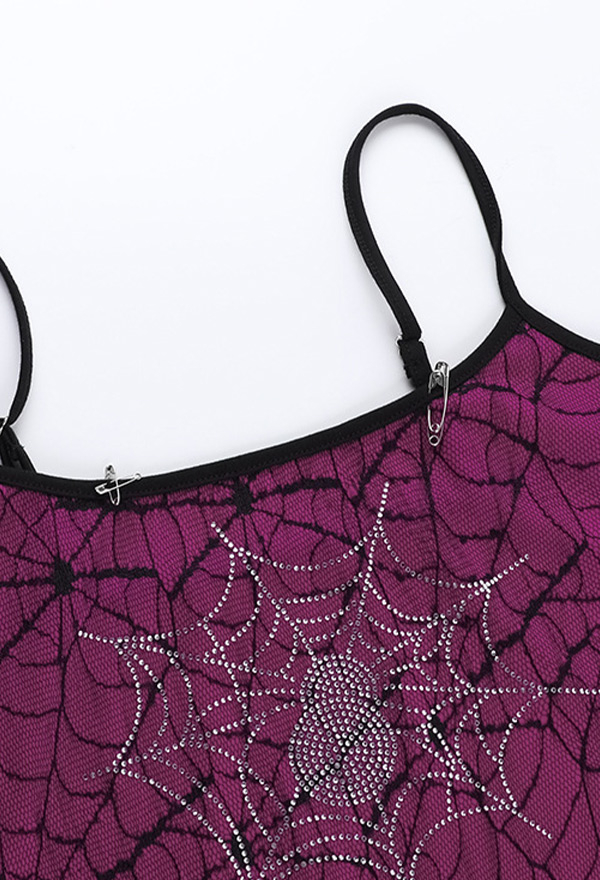 Gothic Style Spaghetti Strap Top Spider Web Pattern Purple Elastic Tank Top