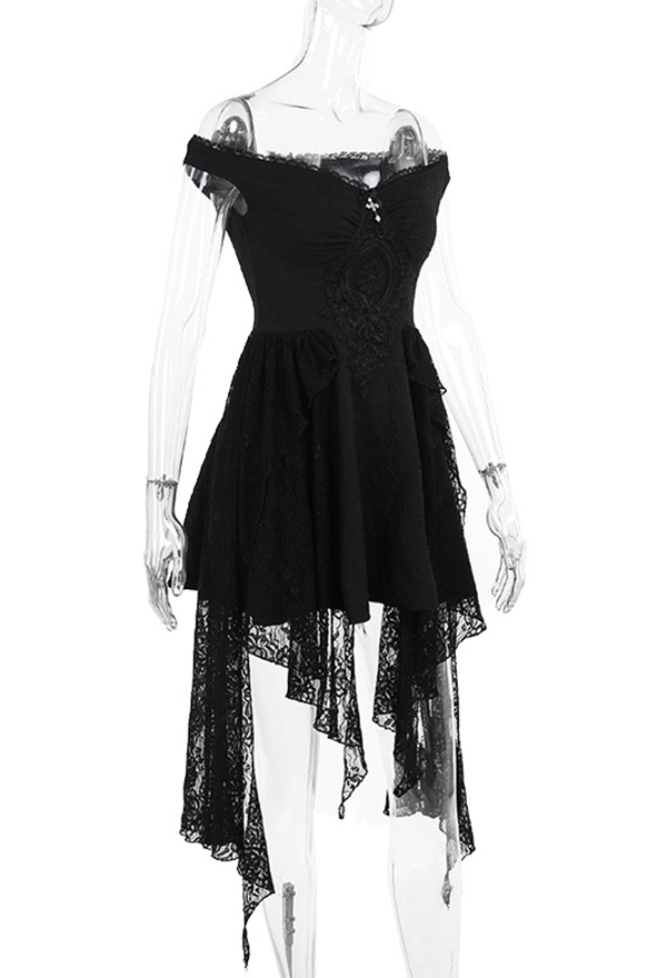 Gothic Style Off-Shoulder Dress Black Lace Tassel Dress