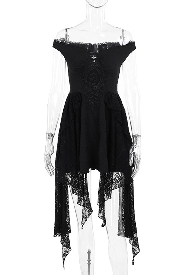 Gothic Style Off-Shoulder Dress Black Lace Tassel Dress