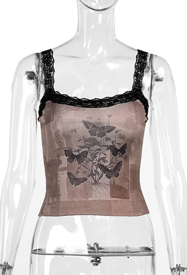 Gothic Style Camisole Top Brown Butterfly Print Lace Sexy Slim Fit Tank Top