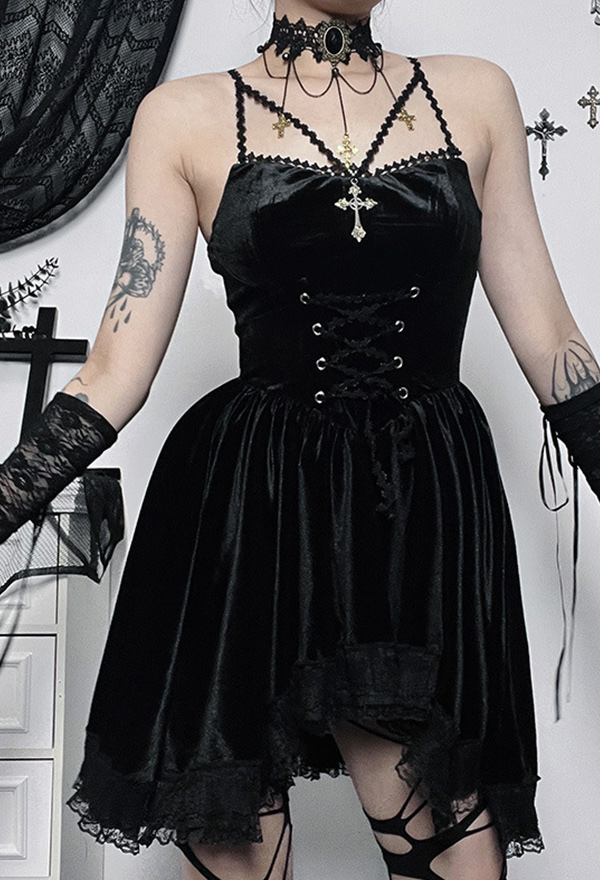Gothic Sexy Bodycon Mini Dress Black Dark Waist Lace-up Velvet Dress