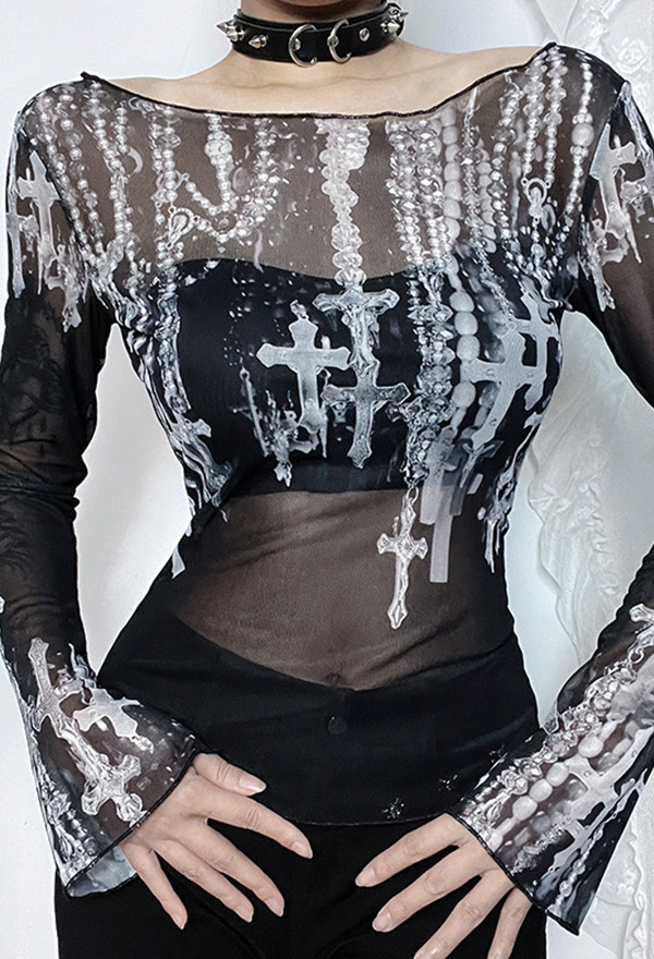 Gothic Punk Off-Shoulder Top Black White Printed Mesh Sheer Long-Sleeve Shirt
