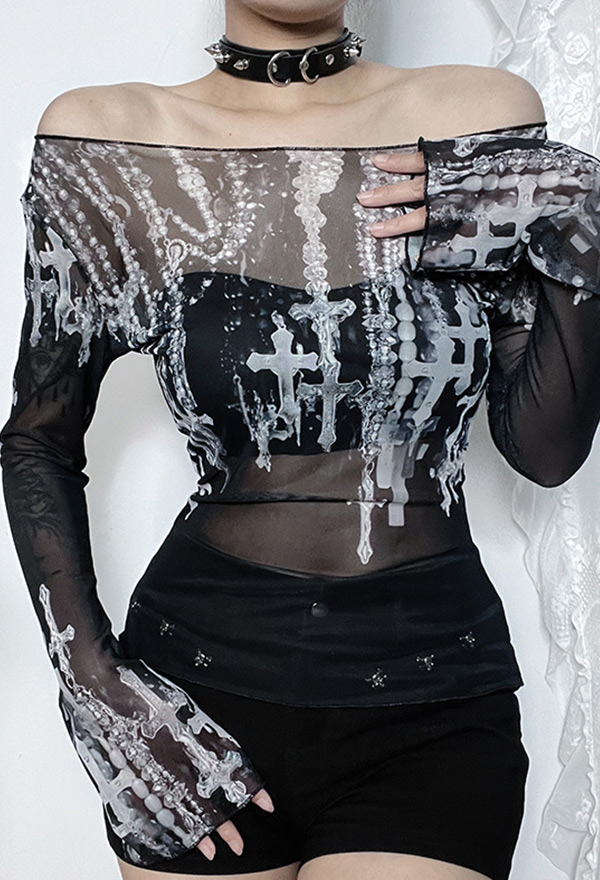 Gothic Punk Off-Shoulder Top Black White Printed Mesh Sheer Long-Sleeve Shirt