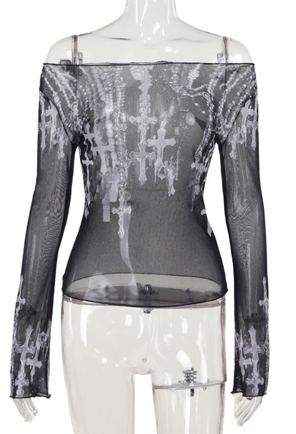 Gothic Punk Off-Shoulder Top Black White Printed Mesh Sheer Long-Sleeve Shirt