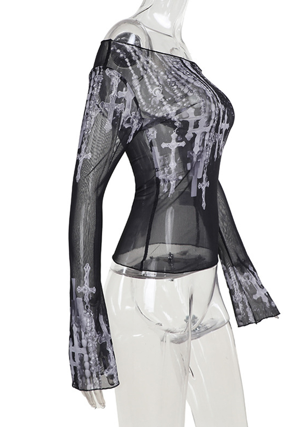 Gothic Punk Off-Shoulder Top Black White Printed Mesh Sheer Long-Sleeve Shirt