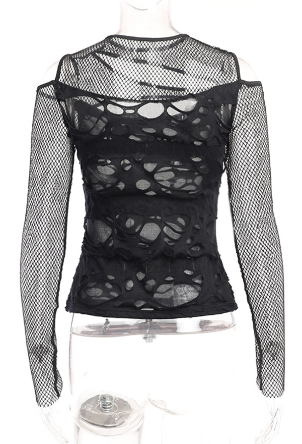 Gothic Dark Style Top Sexy Slim Fit Mesh Ripped Long Sleeve Top
