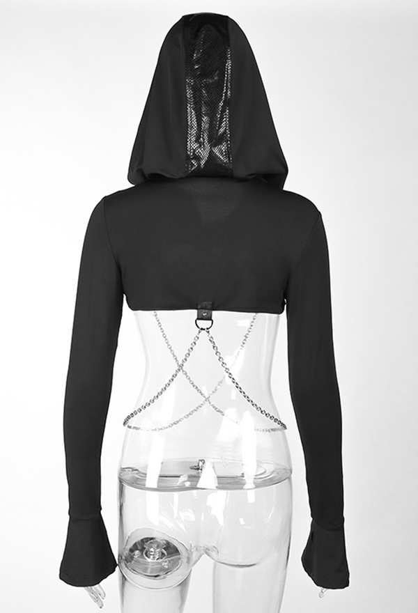 Gothic Short Hoodie Black Slim Chain Decor Spliced Long Sleeve Hooded Shirt