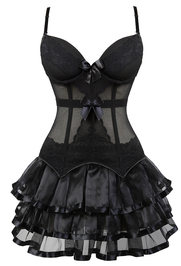 Gothic Victorian Style Corset Mini Skirt Set Plus Size Black Medieval Camisole Top with Multi-layer Ruffle Skirt