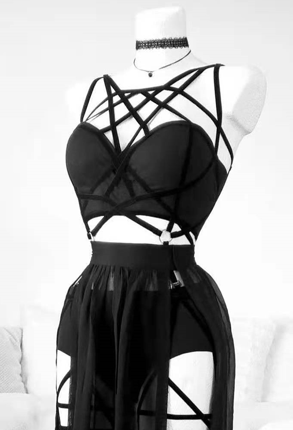 Gothic Style Three Piece Bandage Suit Black Sexy Top and Mesh Split Skirt with Underwear