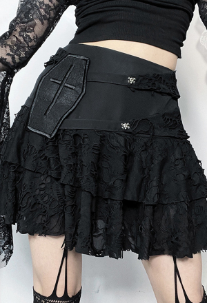 Gothic Half-Skirt Black Ripped Fabric Multi-layer Cake Skirt