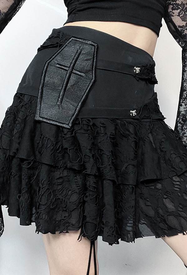 Gothic Half-Skirt Black Ripped Fabric Multi-layer Cake Skirt