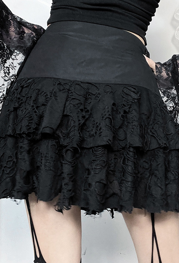 Gothic Half-Skirt Black Ripped Fabric Multi-layer Cake Skirt